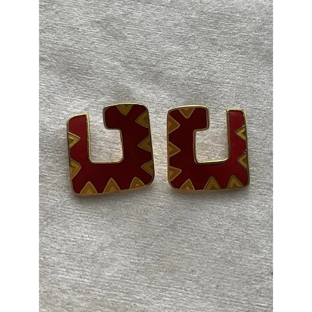 Laurel Burch "Galeza" square stud earrings Red Yellow Enamel Vintage - Picture 4 of 8